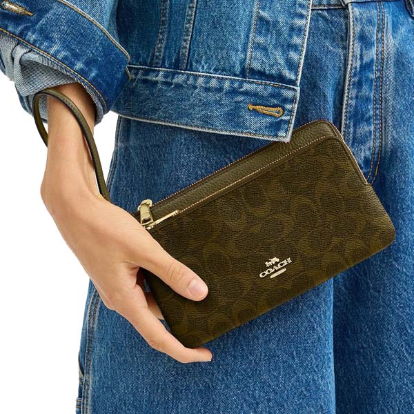 Coach Large Wristlet Double Zip Wallet Signature Canvas Olive # CX161