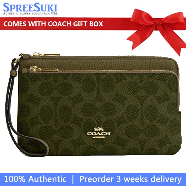 Coach Large Wristlet Double Zip Wallet Signature Canvas Olive # CX161