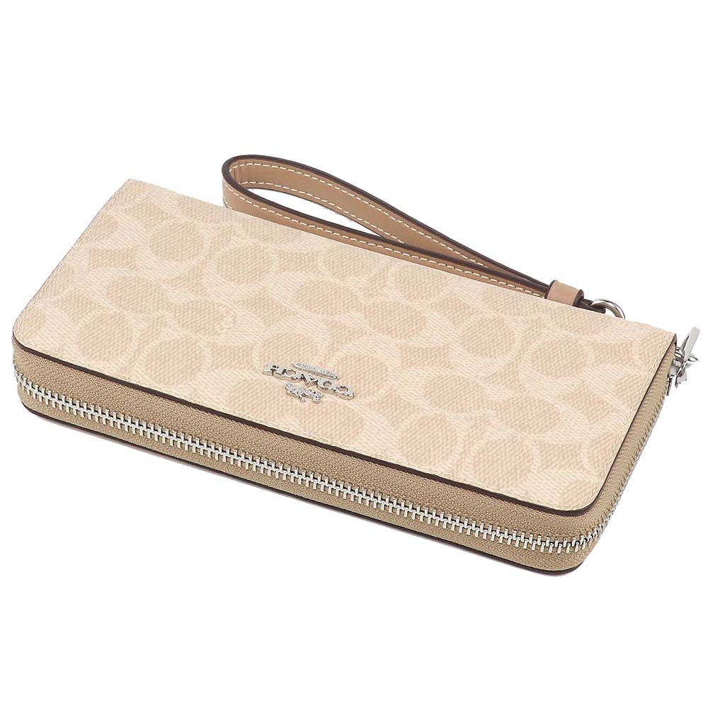 Coach Long Wallet Long Zip Around Wallet Signature Canvas Silver Sand Taupe # CW778