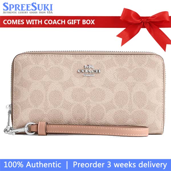 Coach Long Wallet Long Zip Around Wallet Signature Canvas Silver Sand Taupe # CW778