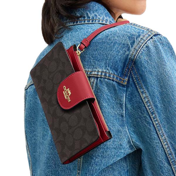 Coach Phone Wallet In Signature Canvas Walnut True Red # CW780
