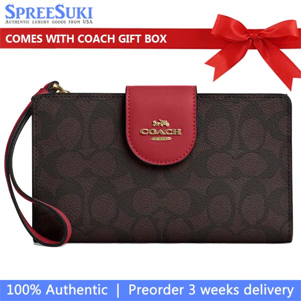 Coach Phone Wallet In Signature Canvas Walnut True Red # CW780