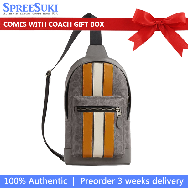 Coach West Pack In Signature Canvas With Varsity Stripe Grey Ochre Chalk # CV923