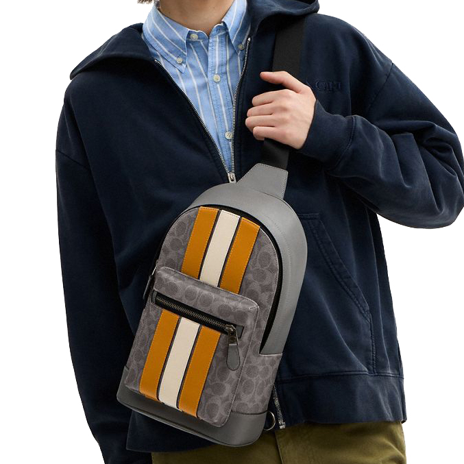 Coach West Pack In Signature Canvas With Varsity Stripe Grey Ochre Chalk # CV923