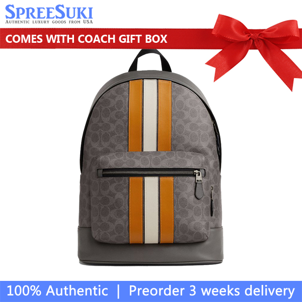Coach West Backpack In Signature Canvas With Varsity Stripe Grey Ochre Chalk # CV922