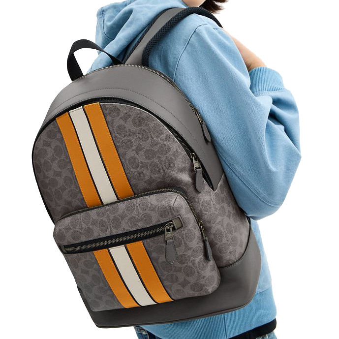 Coach West Backpack In Signature Canvas With Varsity Stripe Grey Ochre Chalk # CV922