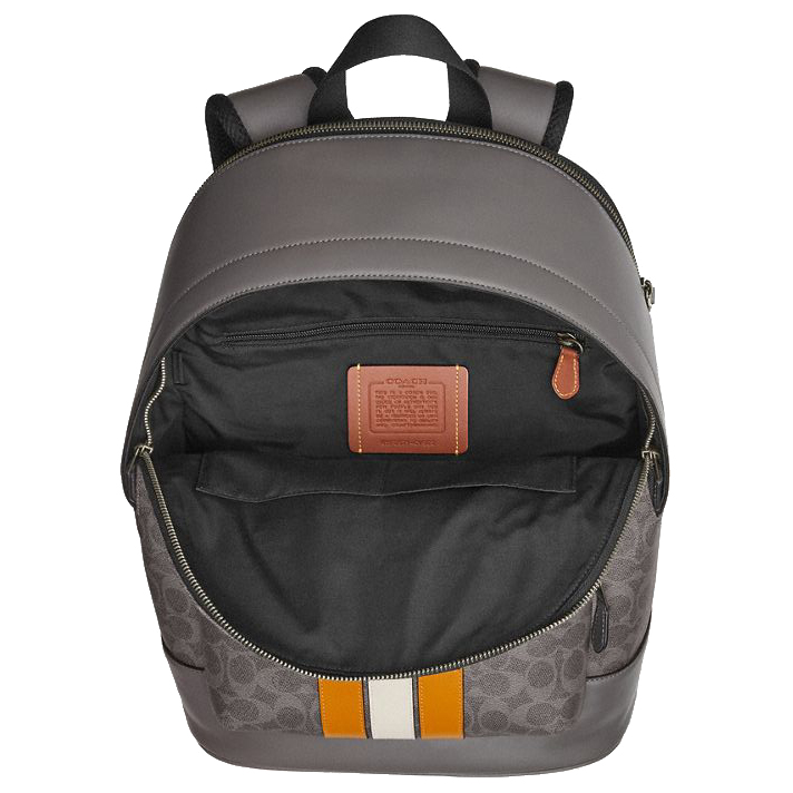Coach West Backpack In Signature Canvas With Varsity Stripe Grey Ochre Chalk # CV922