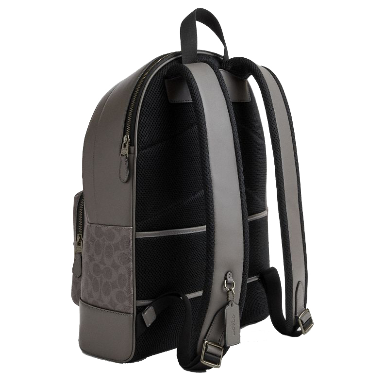 Coach West Backpack In Signature Canvas With Varsity Stripe Grey Ochre Chalk # CV922