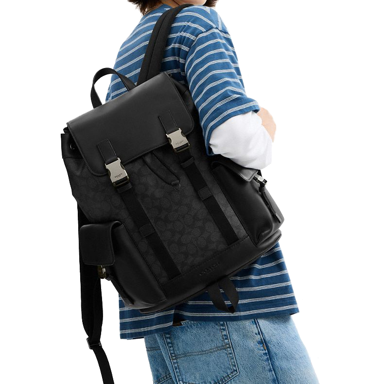 Coach Clark Backpack In Signature Canvas Gunmetal Charcoal Black # CCF90