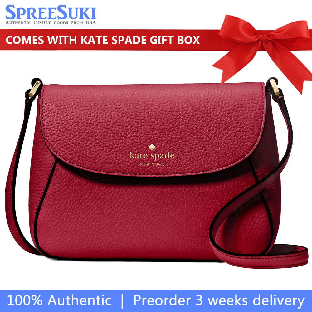 Kate Spade Crossbody Bag Sling Monica Pebbled Leather Mini Flap Crossbody Red Jam # KF364