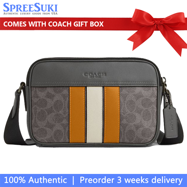 Coach Graham Crossbody Bag In Signature Canvas With Varsity Stripe Grey Ochre Chalk # CCG30