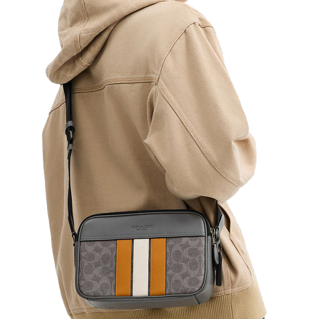 Coach Graham Crossbody Bag In Signature Canvas With Varsity Stripe Grey Ochre Chalk # CCG30