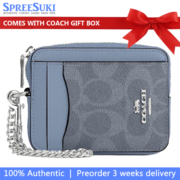Coach Zip Card Case Signature Card Holder Silver Chambray # CW883