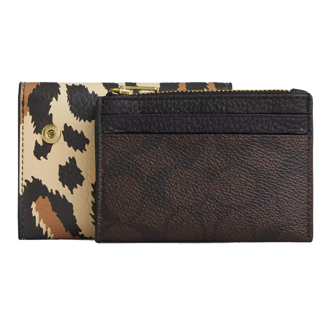 Coach Card Holder Wallet With Leopard Print And Signature Canvas Walnut Leopard Multi # CCL99