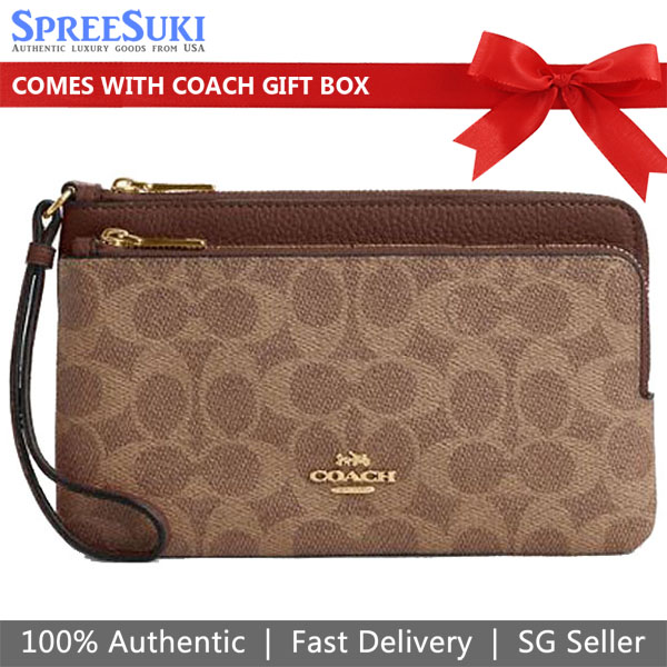 Coach Double Zip Wallet In Signature Canvas Tan Brown # CX161