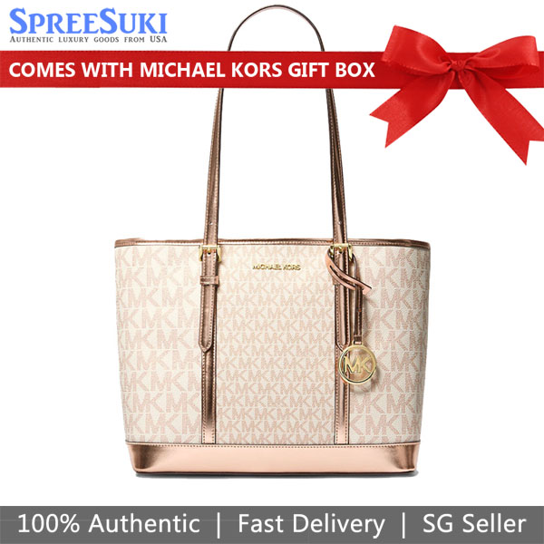 Michael Kors Jet Set Travenuel Small Metallic Logo Top-Zip Tote Bag Rose Gold # 35F4GTVT1M