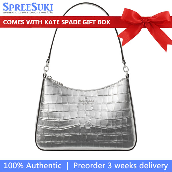 Kate Spade Margot Metallic Croc Embossed Convertible Shoulder Bag Silver # KN246