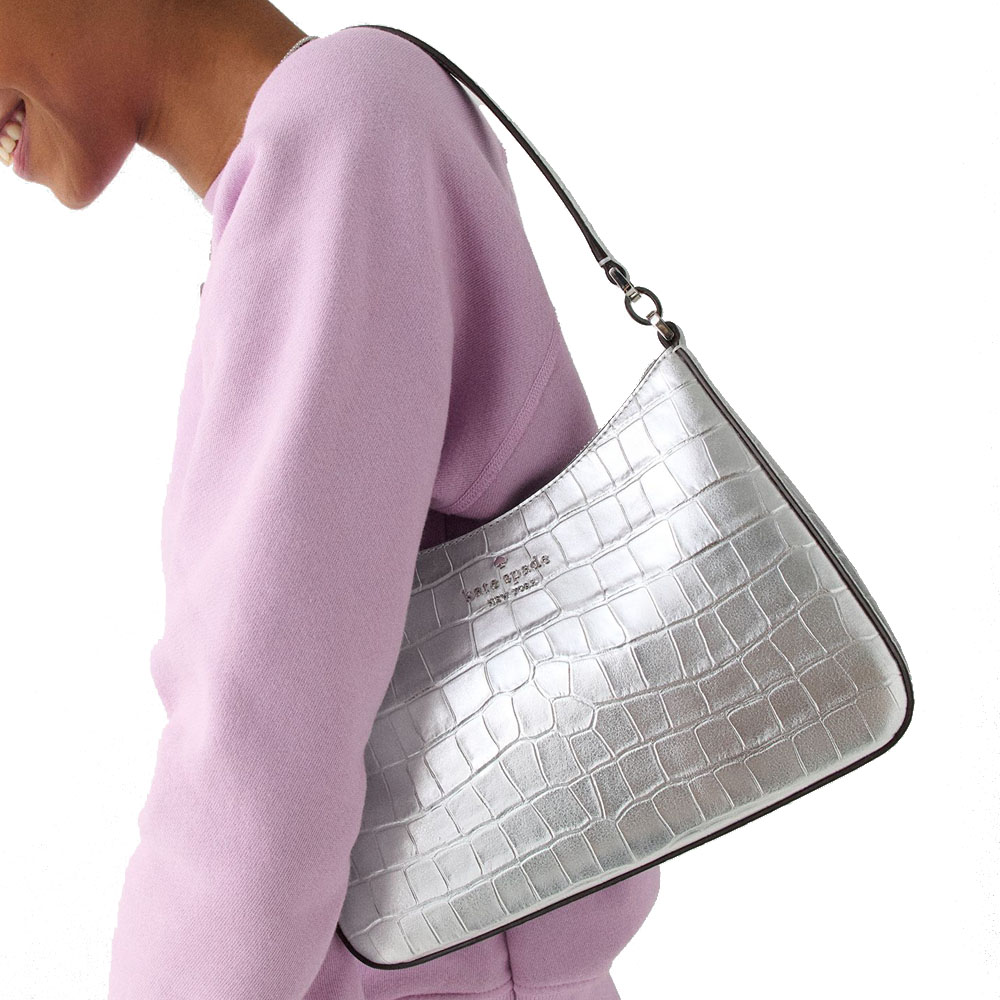 Kate Spade Margot Metallic Croc Embossed Convertible Shoulder Bag Silver # KN246