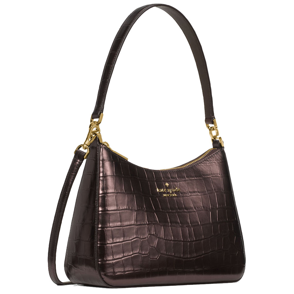 Kate Spade Margot Metallic Croc Embossed Convertible Shoulder Bag Hot Fudge # KN246