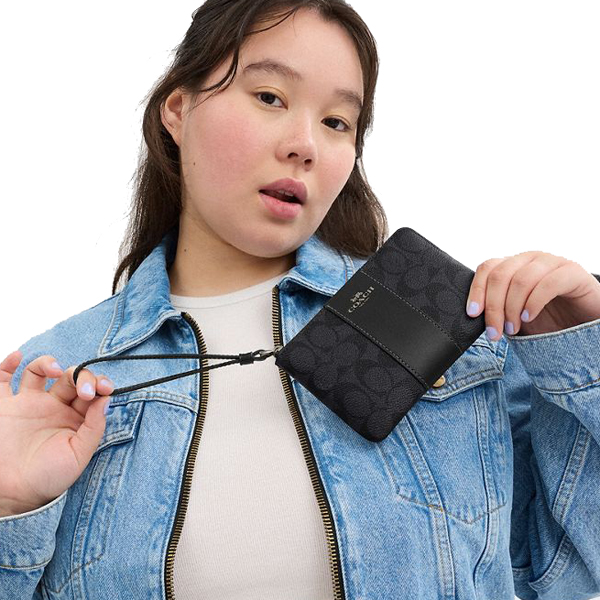 Coach Small Wristlet Corner Zip Wristlet In Signature Canvas With Stripe Gunmetal Charcoal Black # CW854