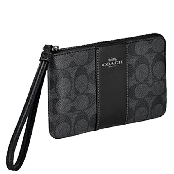 Coach Small Wristlet Corner Zip Wristlet In Signature Canvas With Stripe Gunmetal Charcoal Black # CW854