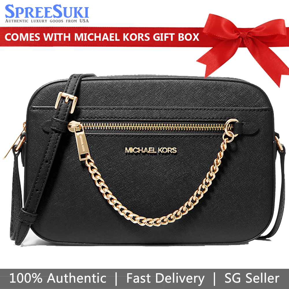 Michael Kors Sling Bag Jet Set Large Saffiano Leather Crossbody Bag Black # 35S1GTTC7L