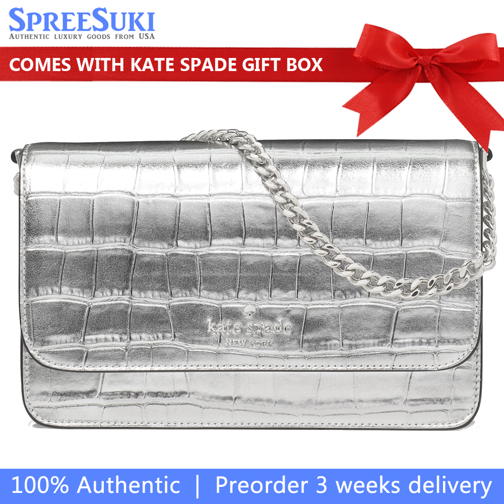 Kate Spade Madison Croc Embossed Willow Mini Flap Crossbody Silver # KN222