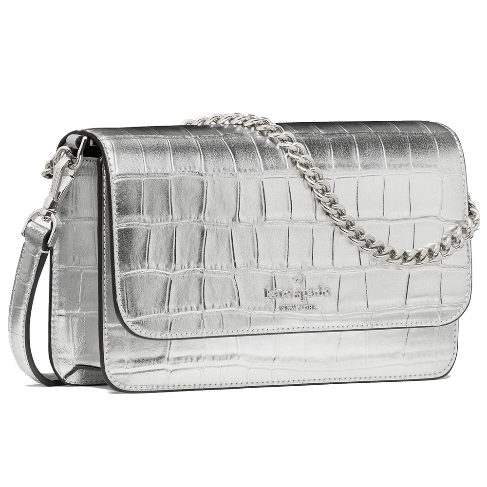 Kate Spade Madison Croc Embossed Willow Mini Flap Crossbody Silver # KN222