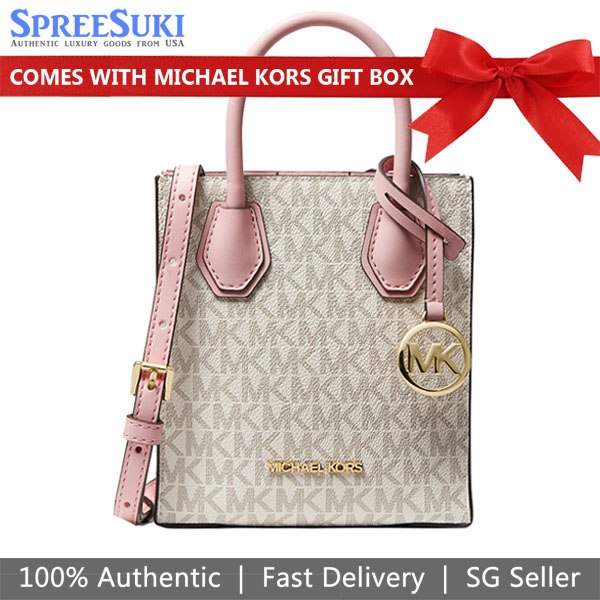 Michael Kors Sling Bag Mercer Extra-Small Logo And Leather Crossbody Bag Powder Blush Multi White Off White # 35T1GM9C0I