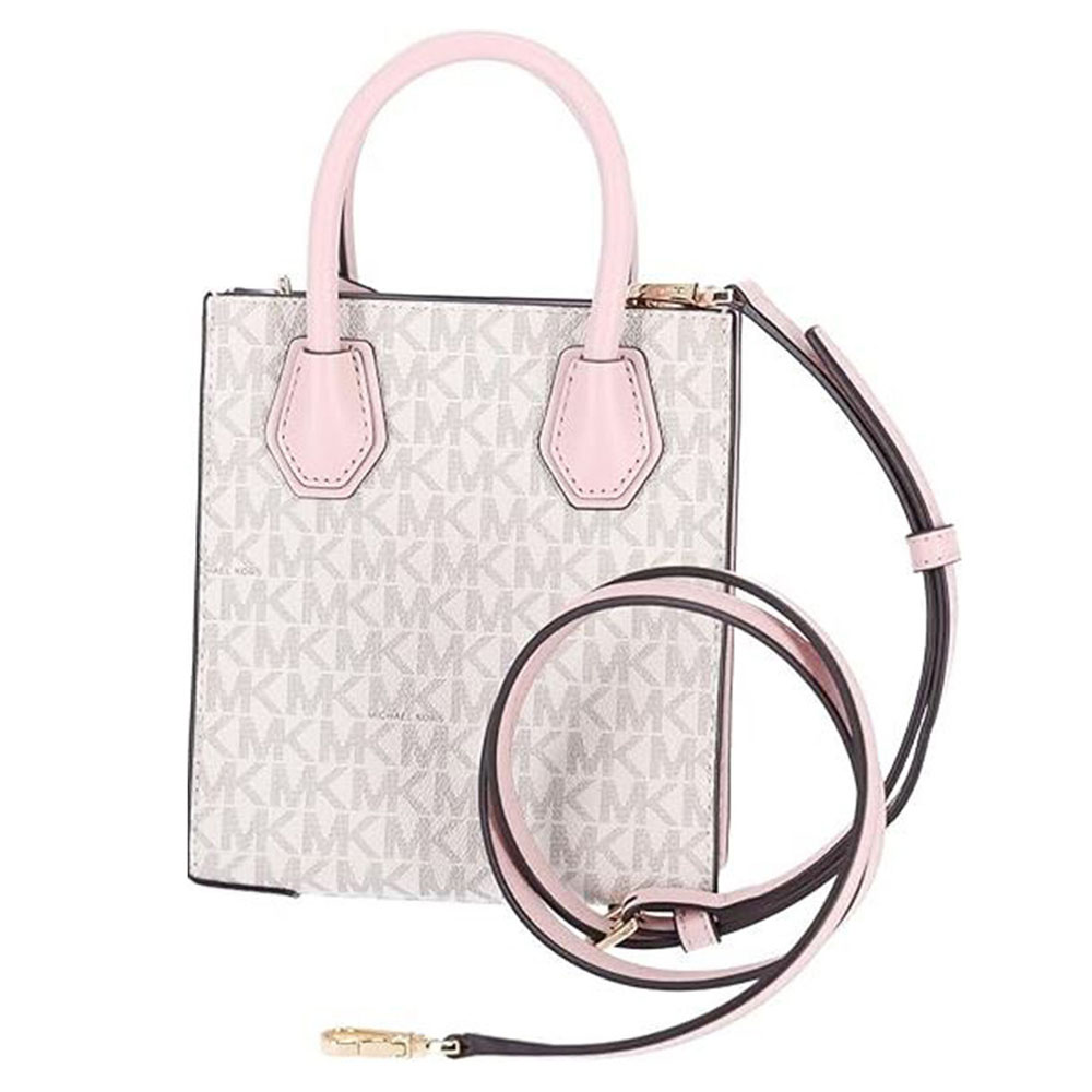 Michael Kors Sling Bag Mercer Extra-Small Logo And Leather Crossbody Bag Powder Blush Multi White Off White # 35T1GM9C0I