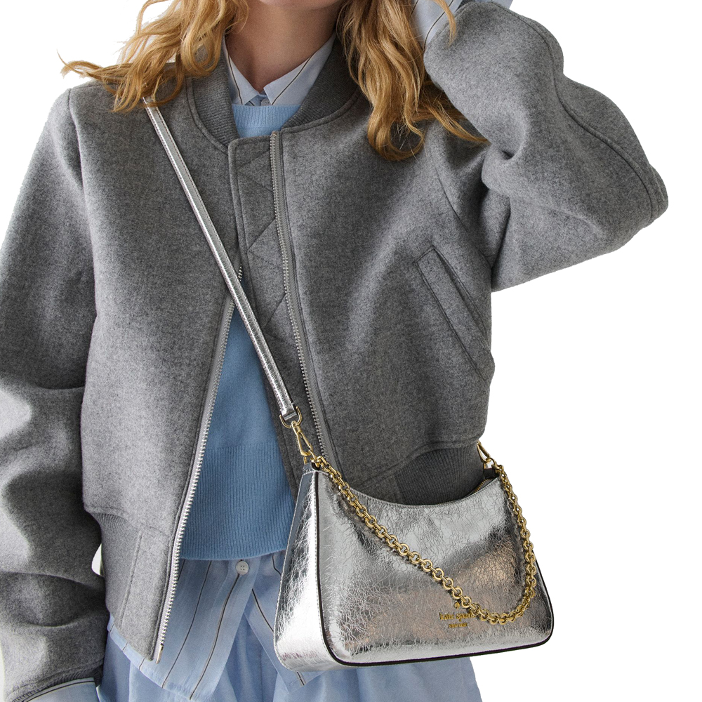 Kate Spade Margot Crinkle Metallic Convertible Crossbody Silver # KN248