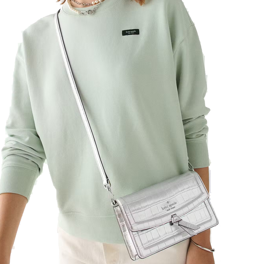 Kate Spade Knott Croc Embossed Mini Flap Crossbody Silver # KN214