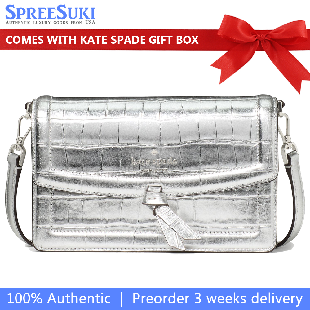 Kate Spade Knott Croc Embossed Mini Flap Crossbody Silver # KN214