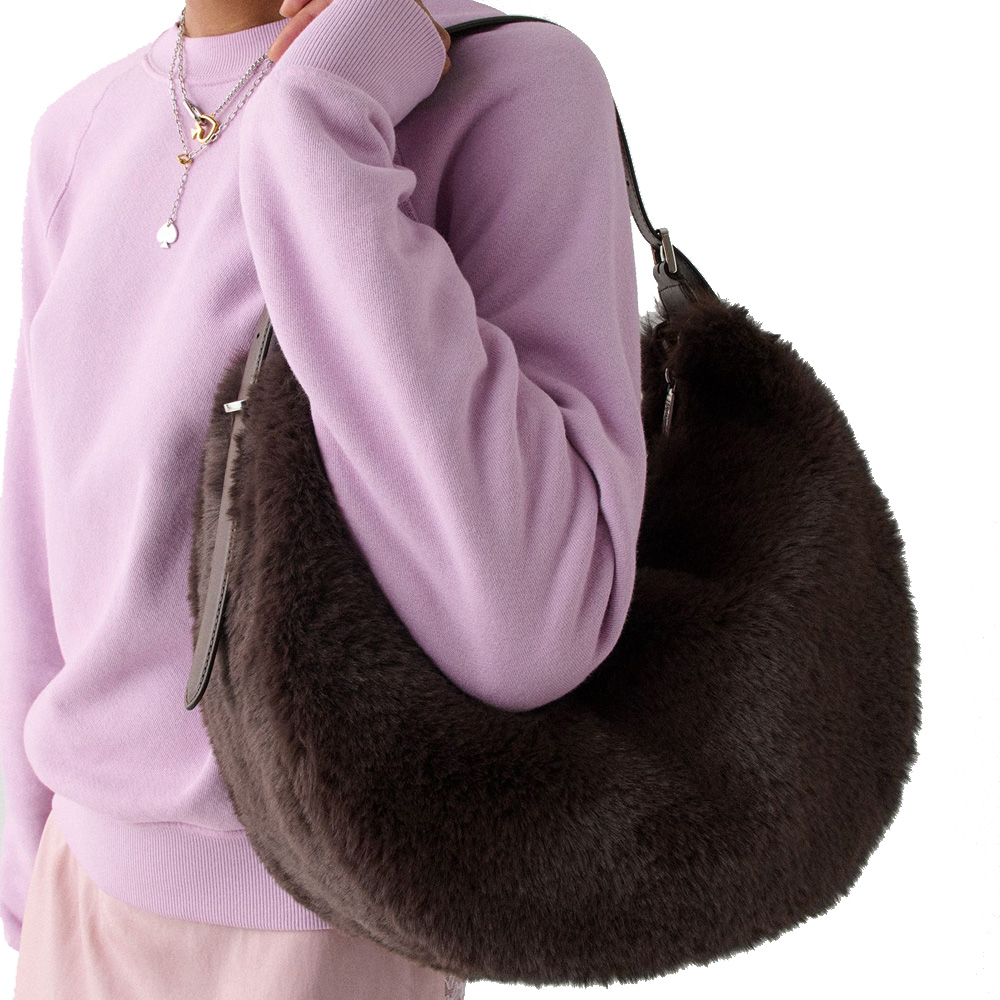 Kate Spade Nova Faux Fur Large Crescent Shoulder Bag Hot Fudge # KM685