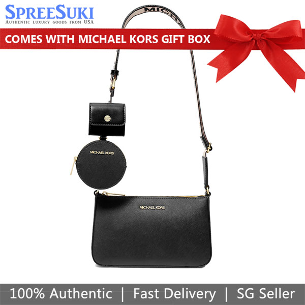 Michael Kors Jet Set Saffiano Leather Crossbody Bag With Case For Apple Airpods Pro Black # 35S3GTVC5T