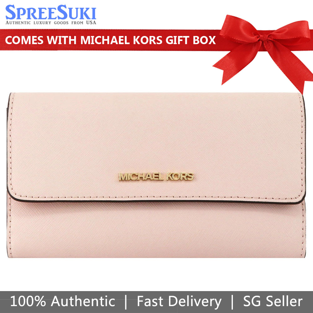 Michael Kors Long Wallet Jet Set Travel Crossgrain Leather Tri-Fold Wallet Powder Blush Nude Pink # 35S8GTVF7L
