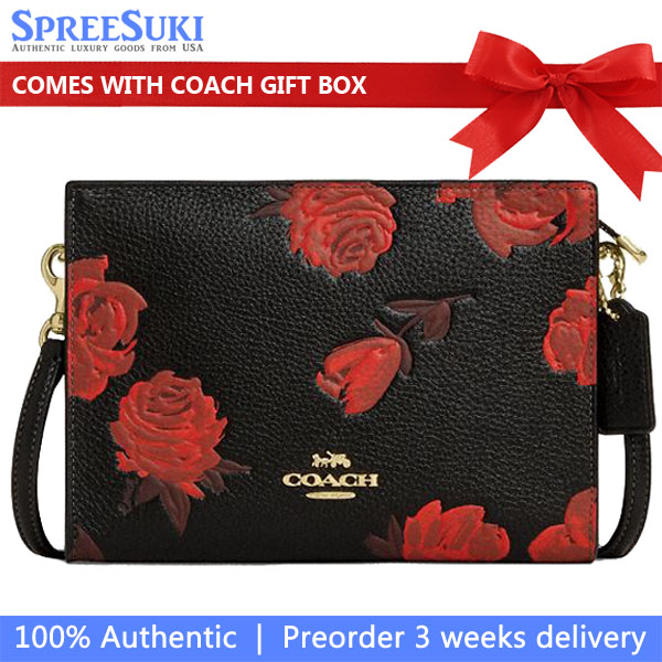 Coach Slim Crossbody Bag With Floral Print Black Red # CCI76