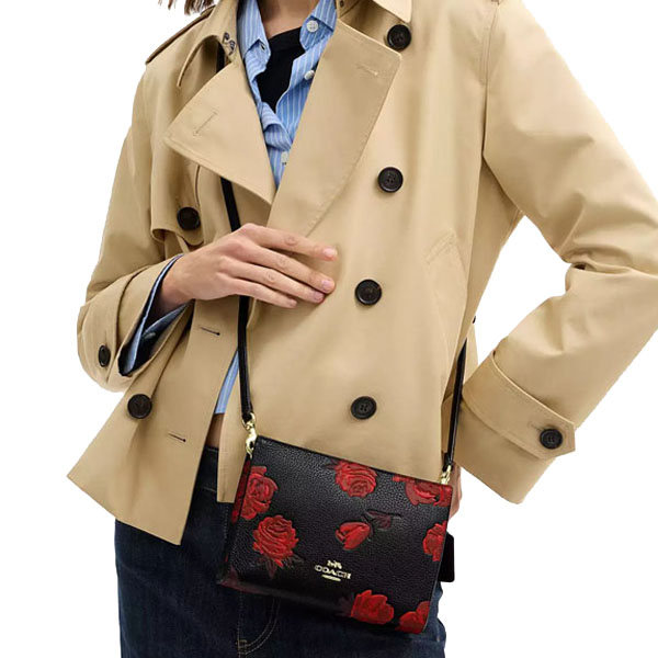 Coach Slim Crossbody Bag With Floral Print Black Red # CCI76