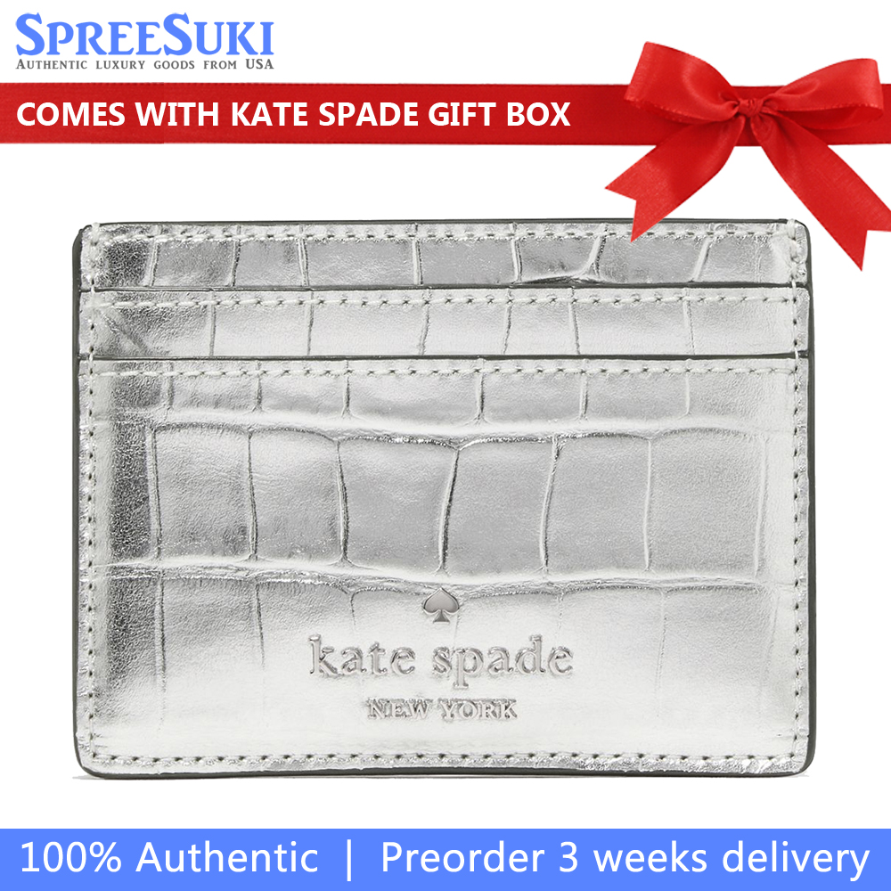 Kate Spade Madison Croc Embossed Small Slim Card Holder Silver # KM621