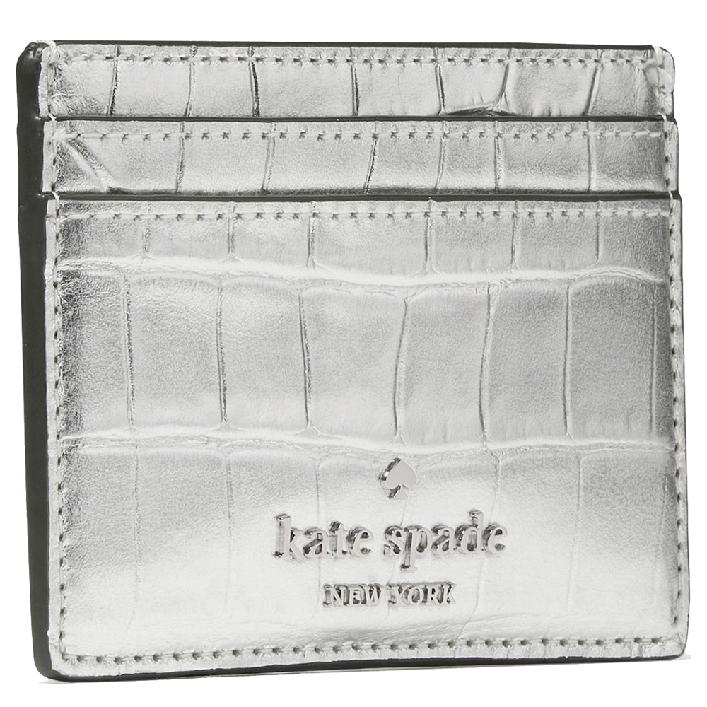 Kate Spade Madison Croc Embossed Small Slim Card Holder Silver # KM621