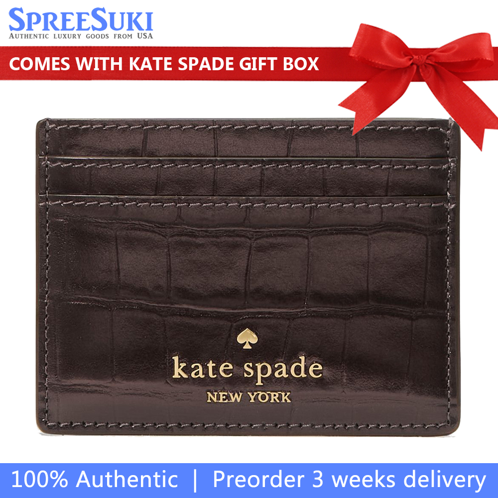 Kate Spade Madison Croc Embossed Small Slim Card Holder Hot Fudge # KM621