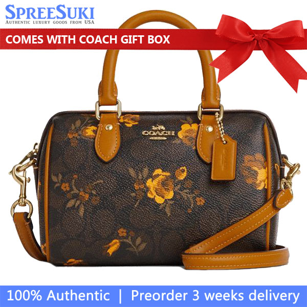Coach Mini Rowan Crossbody Bag In Signature Canvas With Floral Print Walnut Yellow # CCF31