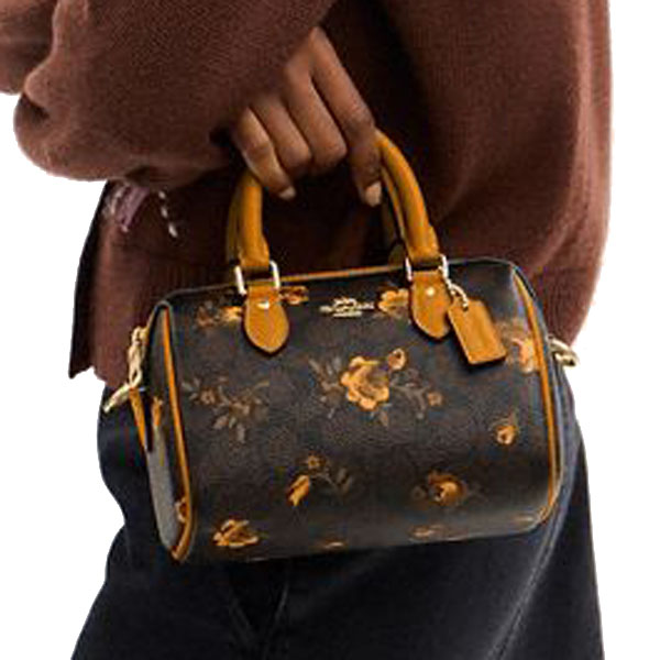 Coach Mini Rowan Crossbody Bag In Signature Canvas With Floral Print Walnut Yellow # CCF31