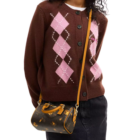 Coach Mini Rowan Crossbody Bag In Signature Canvas With Floral Print Walnut Yellow # CCF31