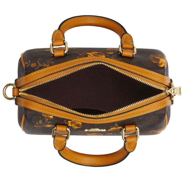 Coach Mini Rowan Crossbody Bag In Signature Canvas With Floral Print Walnut Yellow # CCF31