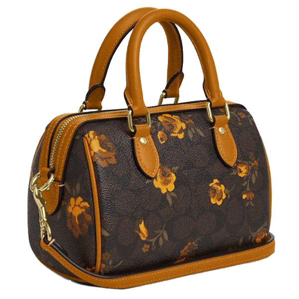 Coach Mini Rowan Crossbody Bag In Signature Canvas With Floral Print Walnut Yellow # CCF31