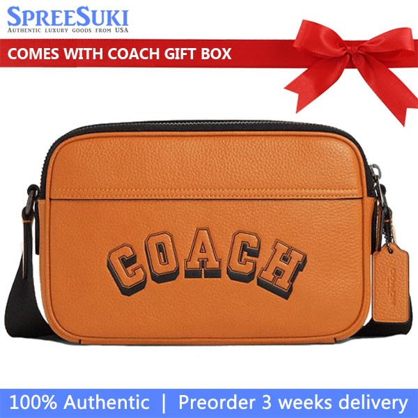 Coach Graham Crossbody Bag With Varsity Motif Toffee Black # CAJ64