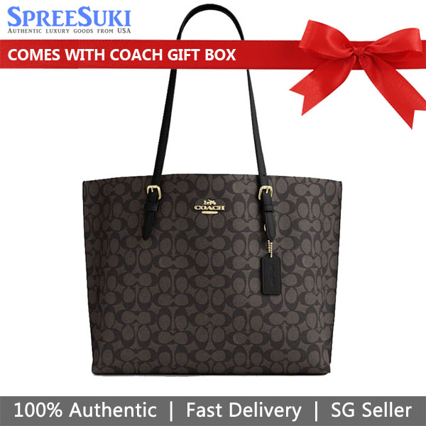 Coach Mollie Tote Bag In Signature Canvas Walnut Black # CV967
