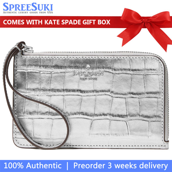Kate Spade Lucy Croc Embossed Small L-Zip Card Holder Wristlet Silver # KM617