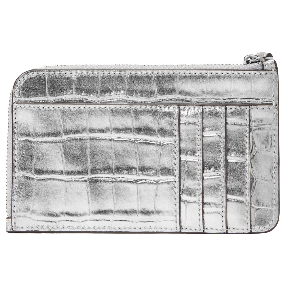 Kate Spade Lucy Croc Embossed Small L-Zip Card Holder Wristlet Silver # KM617